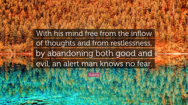 Buddha Quote: “With his mind free from the inflow of thoughts and from restlessness, by abandoning both good and evil, an alert man knows no fear.”