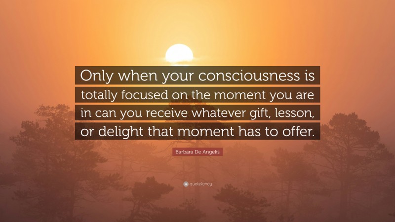 Barbara De Angelis Quote: “Only when your consciousness is totally focused on the moment you are in can you receive whatever gift, lesson, or delight that moment has to offer.”