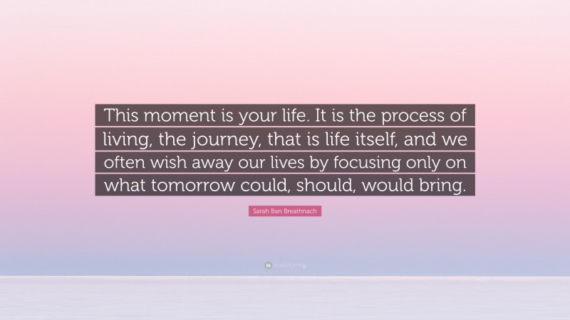 Sarah Ban Breathnach Quote: “This moment is your life. It is the process of living, the journey, that is life itself, and we often wish away our lives by focusing only on what tomorrow could, should, would bring.”