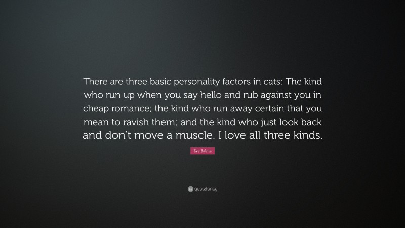 Eve Babitz Quote: “There are three basic personality factors in cats: The kind who run up when you say hello and rub against you in cheap romance; the kind who run away certain that you mean to ravish them; and the kind who just look back and don’t move a muscle. I love all three kinds.”
