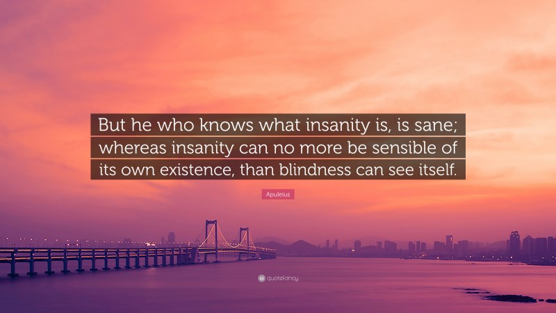 Apuleius Quote: “But he who knows what insanity is, is sane; whereas insanity can no more be sensible of its own existence, than blindness can see itself.”