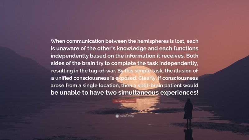 Michael S. Gazzaniga Quote: “When communication between the hemispheres is lost, each is unaware of the other’s knowledge and each functions independently based on the information it receives. Both sides of the brain try to complete the task independently, resulting in the tug-of-war. By this simple task, the illusion of a unified consciousness is exposed. Clearly, if consciousness arose from a single location, then a split-brain patient would be unable to have two simultaneous experiences!”