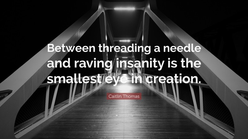 Caitlin Thomas Quote: “Between threading a needle and raving insanity is the smallest eye in creation.”