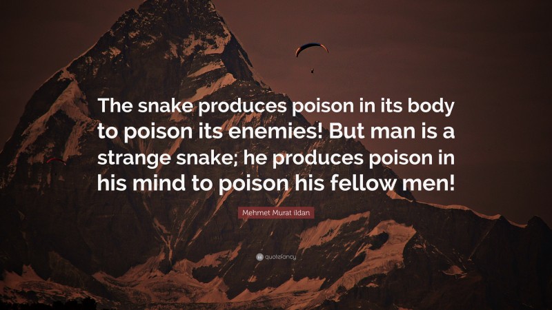 Mehmet Murat ildan Quote: “The snake produces poison in its body to poison its enemies! But man is a strange snake; he produces poison in his mind to poison his fellow men!”