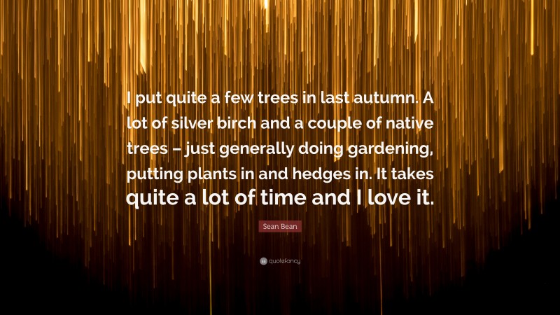 Sean Bean Quote: “I put quite a few trees in last autumn. A lot of silver birch and a couple of native trees – just generally doing gardening, putting plants in and hedges in. It takes quite a lot of time and I love it.”