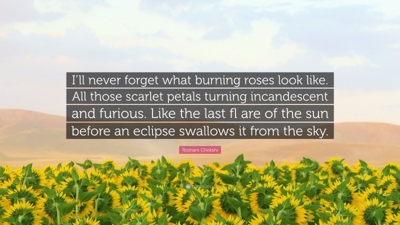 Roshani Chokshi Quote: “I’ll never forget what burning roses look like. All those scarlet petals turning incandescent and furious. Like the last fl are of the sun before an eclipse swallows it from the sky.”