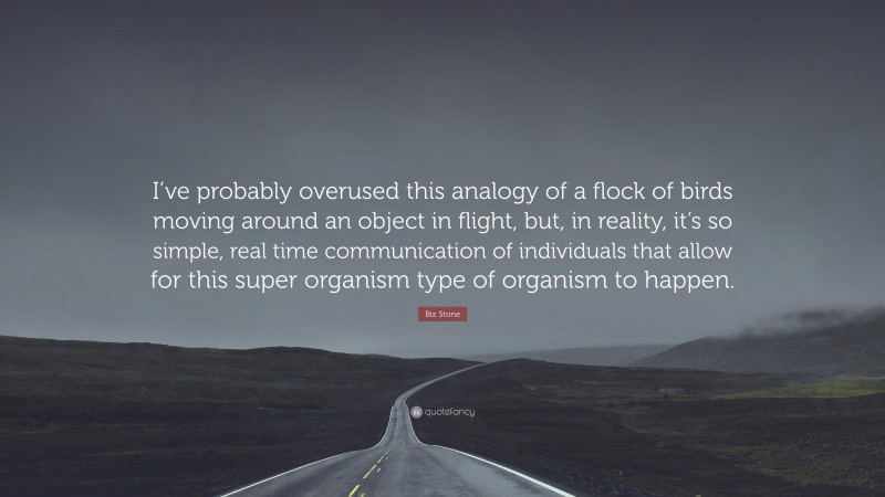 Biz Stone Quote: “I’ve probably overused this analogy of a flock of birds moving around an object in flight, but, in reality, it’s so simple, real time communication of individuals that allow for this super organism type of organism to happen.”
