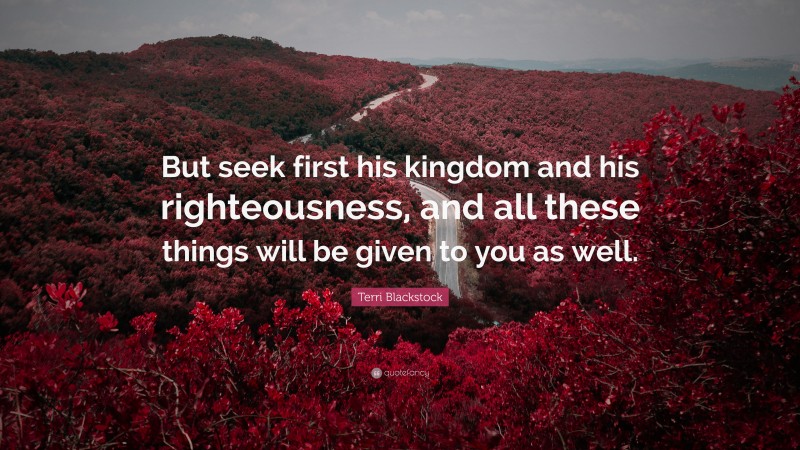 Terri Blackstock Quote: “But seek first his kingdom and his righteousness, and all these things will be given to you as well.”