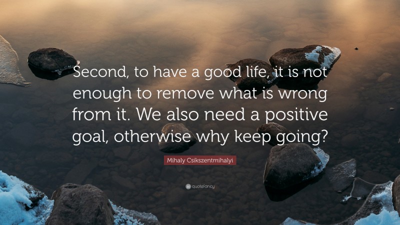 Mihaly Csikszentmihalyi Quote: “Second, to have a good life, it is not enough to remove what is wrong from it. We also need a positive goal, otherwise why keep going?”