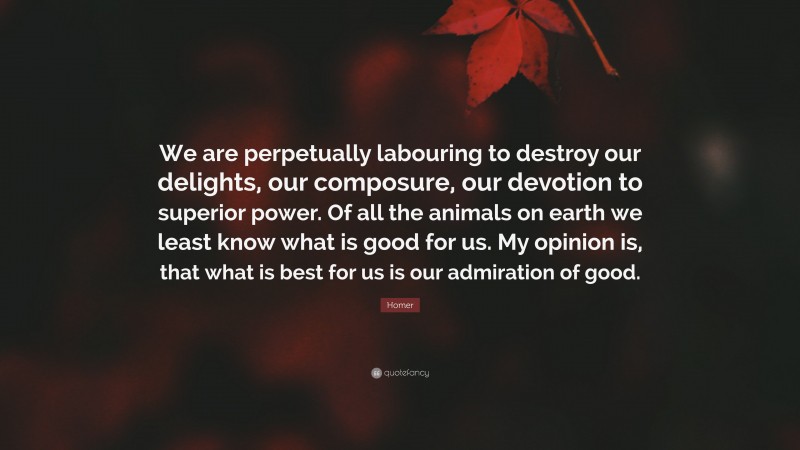 Homer Quote: “We are perpetually labouring to destroy our delights, our composure, our devotion to superior power. Of all the animals on earth we least know what is good for us. My opinion is, that what is best for us is our admiration of good.”