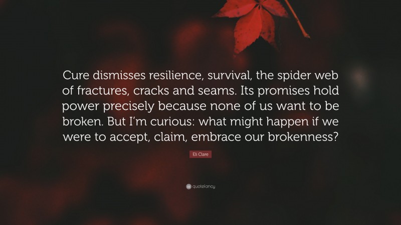 Eli Clare Quote: “Cure dismisses resilience, survival, the spider web of fractures, cracks and seams. Its promises hold power precisely because none of us want to be broken. But I’m curious: what might happen if we were to accept, claim, embrace our brokenness?”