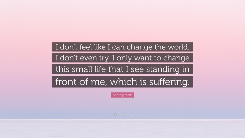 Somaly Mam Quote: “I don’t feel like I can change the world. I don’t even try. I only want to change this small life that I see standing in front of me, which is suffering.”