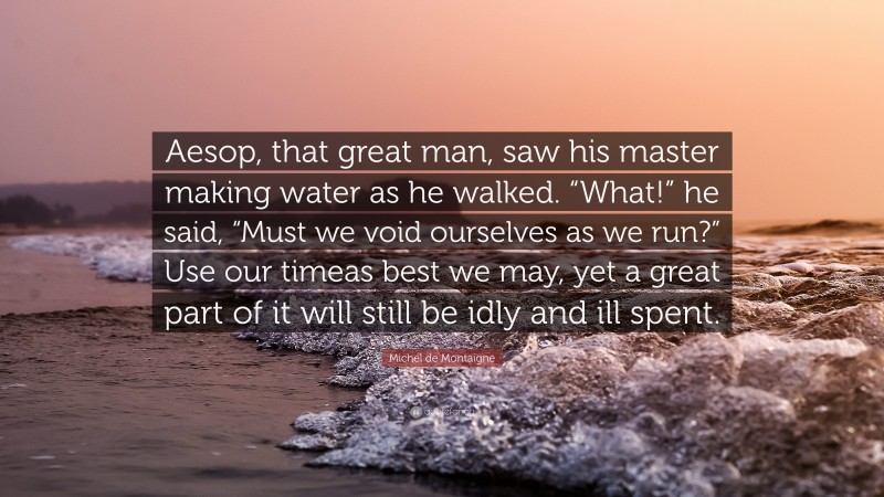 Michel de Montaigne Quote: “Aesop, that great man, saw his master making water as he walked. “What!” he said, “Must we void ourselves as we run?” Use our timeas best we may, yet a great part of it will still be idly and ill spent.”