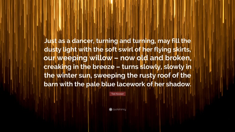 Ted Kooser Quote: “Just as a dancer, turning and turning, may fill the dusty light with the soft swirl of her flying skirts, our weeping willow – now old and broken, creaking in the breeze – turns slowly, slowly in the winter sun, sweeping the rusty roof of the barn with the pale blue lacework of her shadow.”
