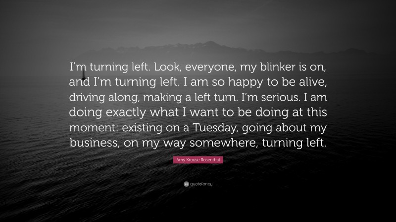 Amy Krouse Rosenthal Quote: “I’m turning left. Look, everyone, my blinker is on, and I’m turning left. I am so happy to be alive, driving along, making a left turn. I’m serious. I am doing exactly what I want to be doing at this moment: existing on a Tuesday, going about my business, on my way somewhere, turning left.”