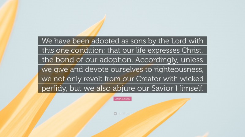 John Calvin Quote: “We have been adopted as sons by the Lord with this one condition; that our life expresses Christ, the bond of our adoption. Accordingly, unless we give and devote ourselves to righteousness, we not only revolt from our Creator with wicked perfidy, but we also abjure our Savior Himself.”