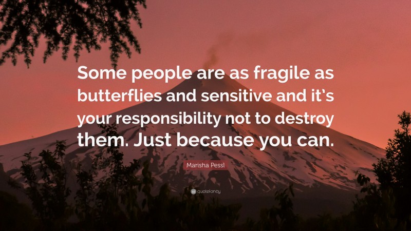 Marisha Pessl Quote: “Some people are as fragile as butterflies and sensitive and it’s your responsibility not to destroy them. Just because you can.”