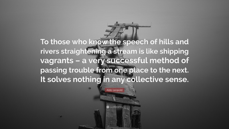 Aldo Leopold Quote: “To those who know the speech of hills and rivers straightening a stream is like shipping vagrants – a very successful method of passing trouble from one place to the next. It solves nothing in any collective sense.”