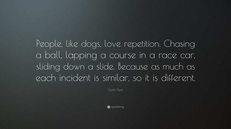 Garth Stein Quote: “People, like dogs, love repetition. Chasing a ball, lapping a course in a race car, sliding down a slide. Because as much as each incident is similar, so it is different.”