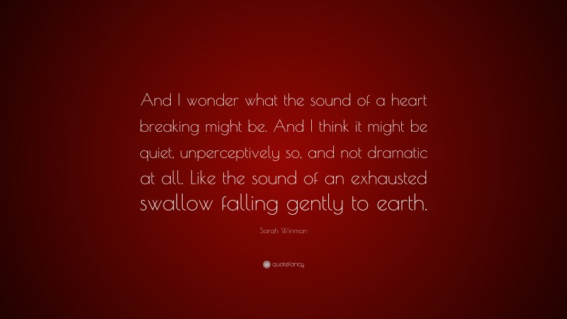Sarah Winman Quote: “And I wonder what the sound of a heart breaking might be. And I think it might be quiet, unperceptively so, and not dramatic at all. Like the sound of an exhausted swallow falling gently to earth.”