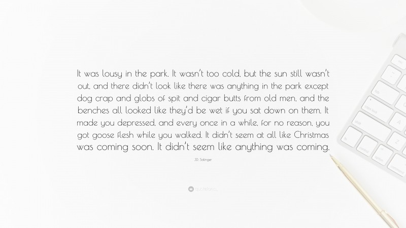 J.D. Salinger Quote: “It was lousy in the park. It wasn’t too cold, but the sun still wasn’t out, and there didn’t look like there was anything in the park except dog crap and globs of spit and cigar butts from old men, and the benches all looked like they’d be wet if you sat down on them. It made you depressed, and every once in a while, for no reason, you got goose flesh while you walked. It didn’t seem at all like Christmas was coming soon. It didn’t seem like anything was coming.”
