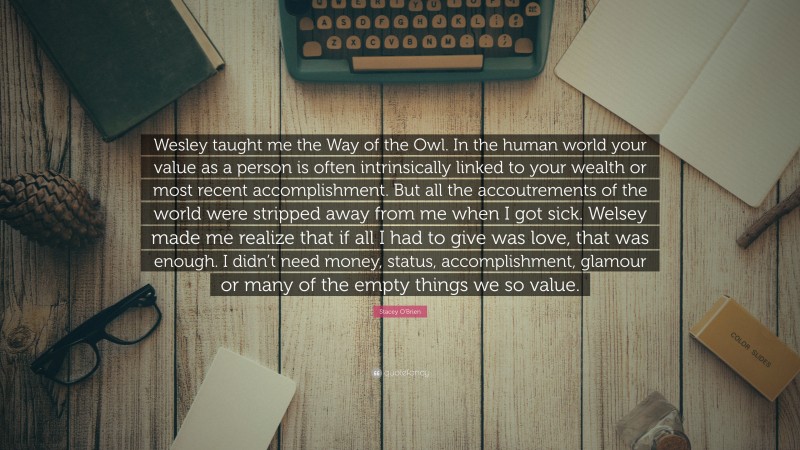 Stacey O'Brien Quote: “Wesley taught me the Way of the Owl. In the human world your value as a person is often intrinsically linked to your wealth or most recent accomplishment. But all the accoutrements of the world were stripped away from me when I got sick. Welsey made me realize that if all I had to give was love, that was enough. I didn’t need money, status, accomplishment, glamour or many of the empty things we so value.”
