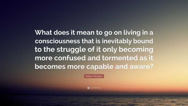 Robert Pantano Quote: “What does it mean to go on living in a consciousness that is inevitably bound to the struggle of it only becoming more confused and tormented as it becomes more capable and aware?”