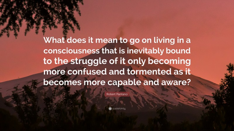 Robert Pantano Quote: “What does it mean to go on living in a consciousness that is inevitably bound to the struggle of it only becoming more confused and tormented as it becomes more capable and aware?”