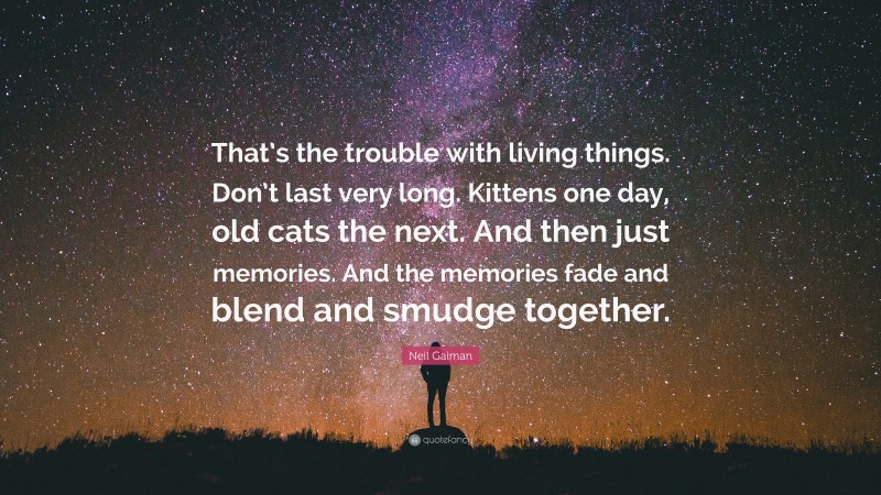 Neil Gaiman Quote: “That’s the trouble with living things. Don’t last very long. Kittens one day, old cats the next. And then just memories. And the memories fade and blend and smudge together.”