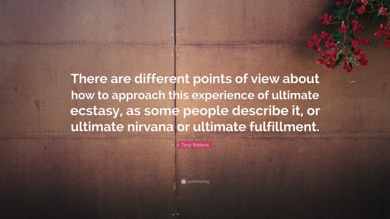 Tony Robbins Quote: “There are different points of view about how to approach this experience of ultimate ecstasy, as some people describe it, or ultimate nirvana or ultimate fulfillment.”