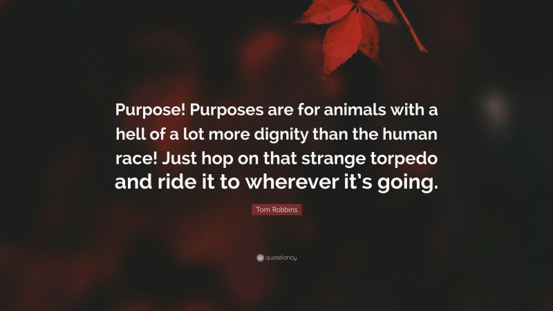 Tom Robbins Quote: “Purpose! Purposes are for animals with a hell of a lot more dignity than the human race! Just hop on that strange torpedo and ride it to wherever it’s going.”