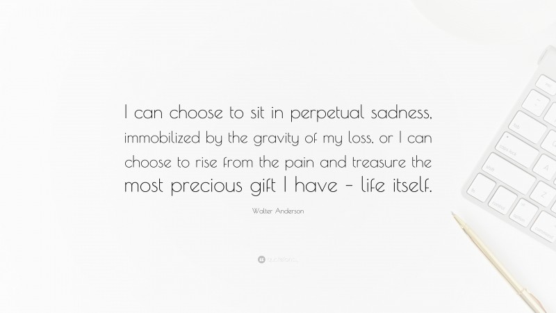 Walter Anderson Quote: “I can choose to sit in perpetual sadness, immobilized by the gravity of my loss, or I can choose to rise from the pain and treasure the most precious gift I have – life itself.”