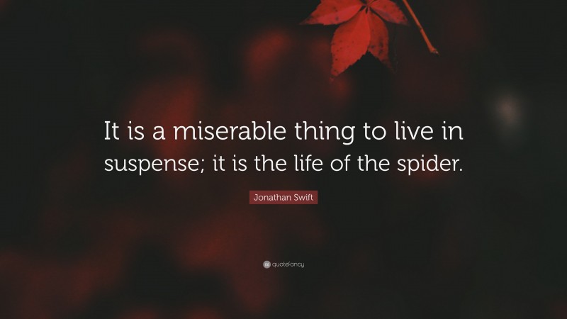 Jonathan Swift Quote: “It is a miserable thing to live in suspense; it is the life of the spider.”