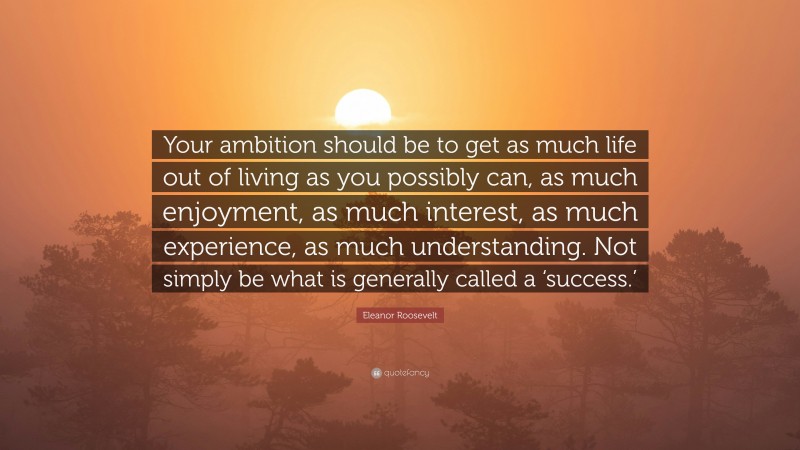 Eleanor Roosevelt Quote: “Your ambition should be to get as much life out of living as you possibly can, as much enjoyment, as much interest, as much experience, as much understanding. Not simply be what is generally called a ‘success.’”