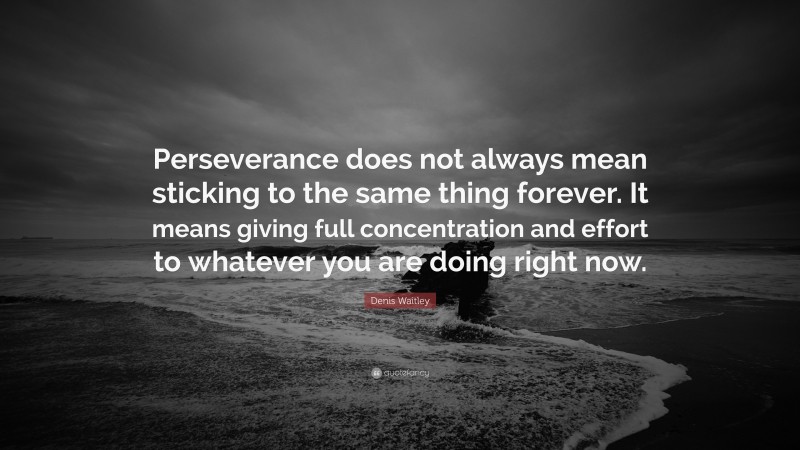 Denis Waitley Quote: “Perseverance does not always mean sticking to the same thing forever. It means giving full concentration and effort to whatever you are doing right now.”