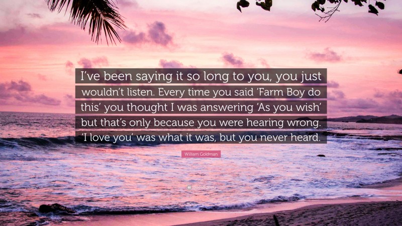 William Goldman Quote: “I’ve been saying it so long to you, you just wouldn’t listen. Every time you said ‘Farm Boy do this’ you thought I was answering ‘As you wish’ but that’s only because you were hearing wrong. ‘I love you’ was what it was, but you never heard.”
