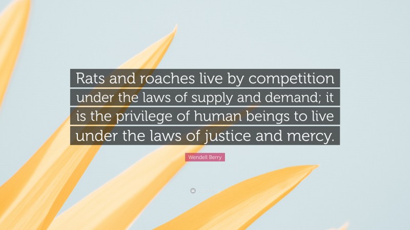Wendell Berry Quote: “Rats and roaches live by competition under the laws of supply and demand; it is the privilege of human beings to live under the laws of justice and mercy.”