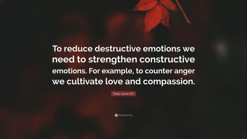Dalai Lama XIV Quote: “To reduce destructive emotions we need to strengthen constructive emotions. For example, to counter anger we cultivate love and compassion.”