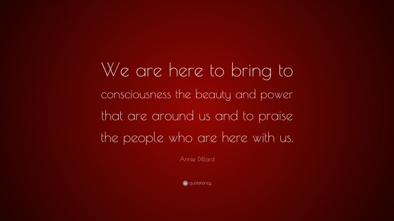 Annie Dillard Quote: “We are here to bring to consciousness the beauty and power that are around us and to praise the people who are here with us.”