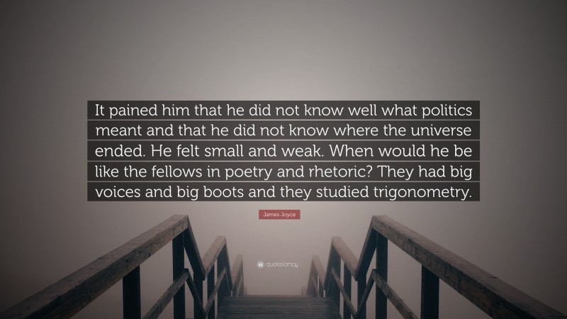 James Joyce Quote: “It pained him that he did not know well what politics meant and that he did not know where the universe ended. He felt small and weak. When would he be like the fellows in poetry and rhetoric? They had big voices and big boots and they studied trigonometry.”