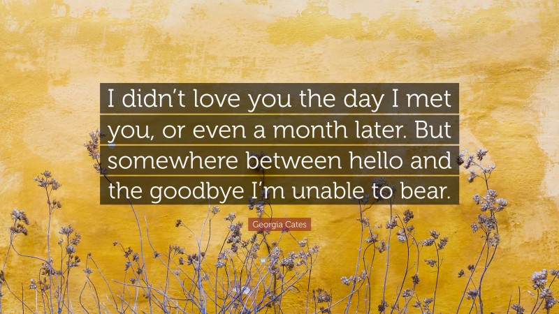 Georgia Cates Quote: “I didn’t love you the day I met you, or even a month later. But somewhere between hello and the goodbye I’m unable to bear.”