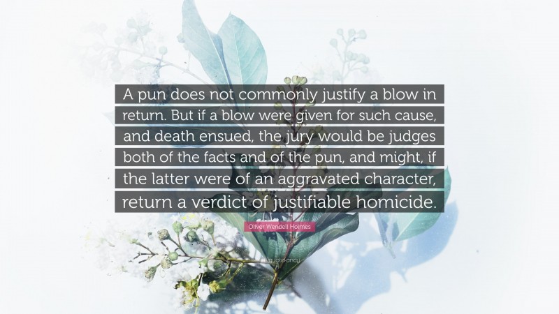 Oliver Wendell Holmes Quote: “A pun does not commonly justify a blow in return. But if a blow were given for such cause, and death ensued, the jury would be judges both of the facts and of the pun, and might, if the latter were of an aggravated character, return a verdict of justifiable homicide.”
