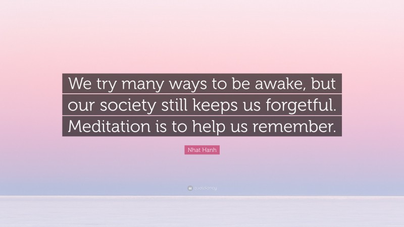 Nhat Hanh Quote: “We try many ways to be awake, but our society still keeps us forgetful. Meditation is to help us remember.”