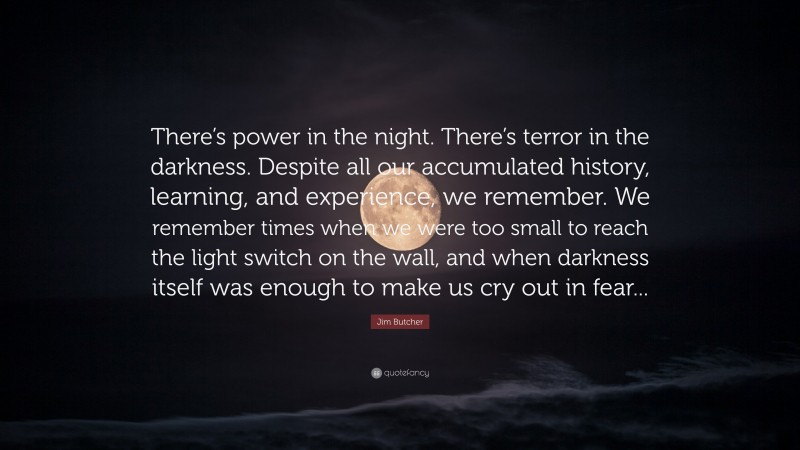 Jim Butcher Quote: “There’s power in the night. There’s terror in the darkness. Despite all our accumulated history, learning, and experience, we remember. We remember times when we were too small to reach the light switch on the wall, and when darkness itself was enough to make us cry out in fear...”