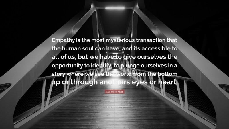 Sue Monk Kidd Quote: “Empathy is the most mysterious transaction that the human soul can have, and its accessible to all of us, but we have to give ourselves the opportunity to identify, to plunge ourselves in a story where we see the world from the bottom up or through anothers eyes or heart.”