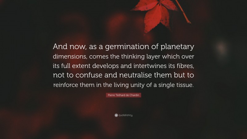 Pierre Teilhard de Chardin Quote: “And now, as a germination of planetary dimensions, comes the thinking layer which over its full extent develops and intertwines its fibres, not to confuse and neutralise them but to reinforce them in the living unity of a single tissue.”