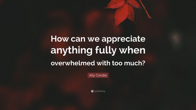 Ally Condie Quote: “How can we appreciate anything fully when overwhelmed with too much?”