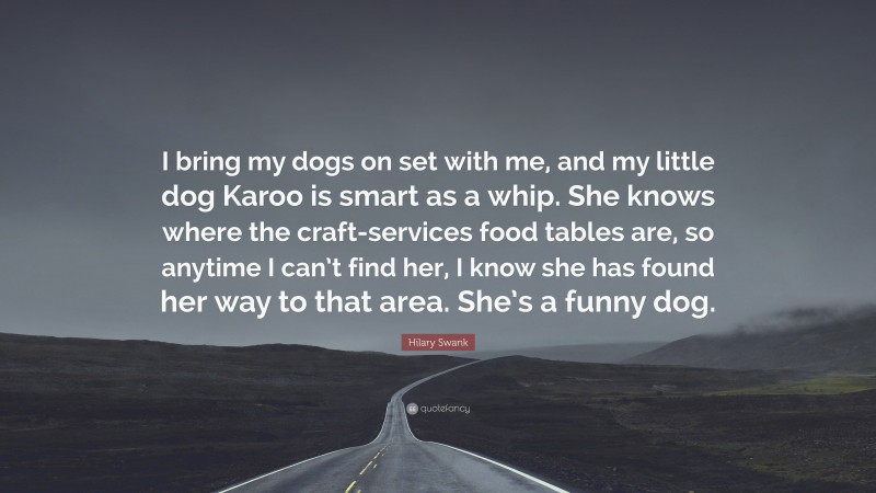 Hilary Swank Quote: “I bring my dogs on set with me, and my little dog Karoo is smart as a whip. She knows where the craft-services food tables are, so anytime I can’t find her, I know she has found her way to that area. She’s a funny dog.”