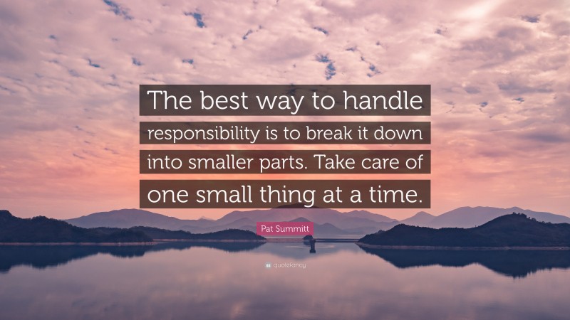 Pat Summitt Quote: “The best way to handle responsibility is to break it down into smaller parts. Take care of one small thing at a time.”