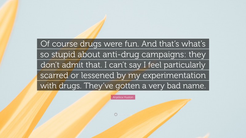 Anjelica Huston Quote: “Of course drugs were fun. And that’s what’s so stupid about anti-drug campaigns: they don’t admit that. I can’t say I feel particularly scarred or lessened by my experimentation with drugs. They’ve gotten a very bad name.”